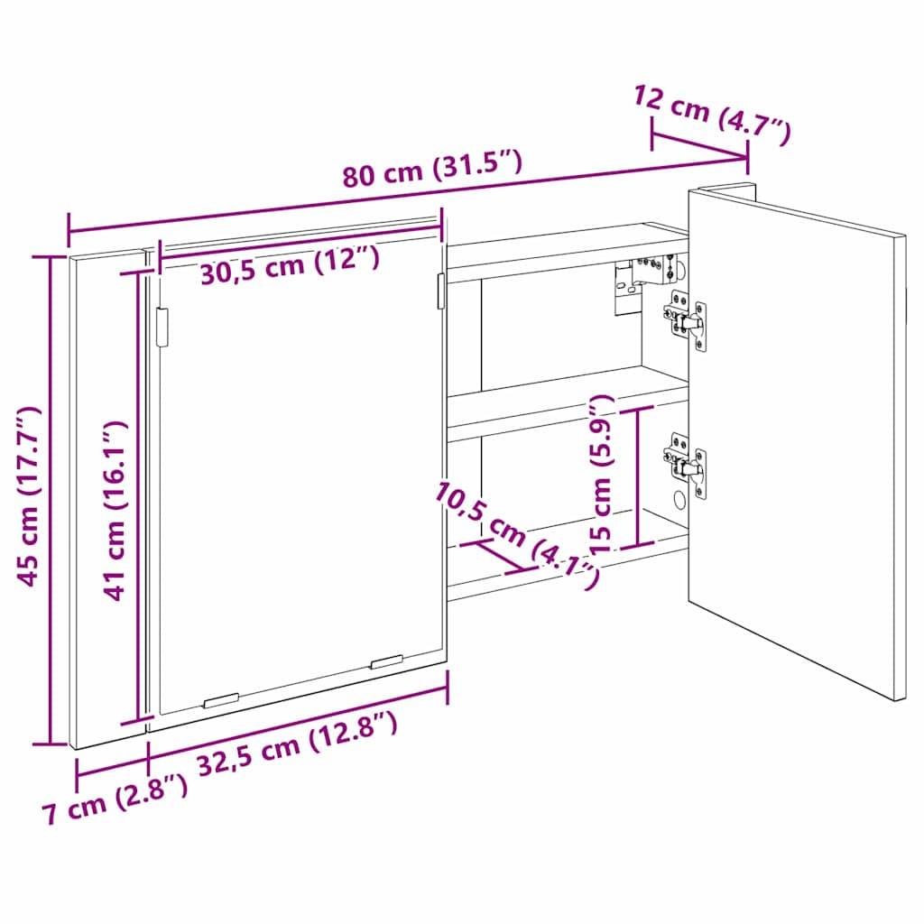 Schrank-Diagramm mit offenen Türen. Abmessungen: 80 cm Breite, 45 cm Höhe, 12 cm Tiefe. Innere Regale: 10,5 cm voneinander entfernt.