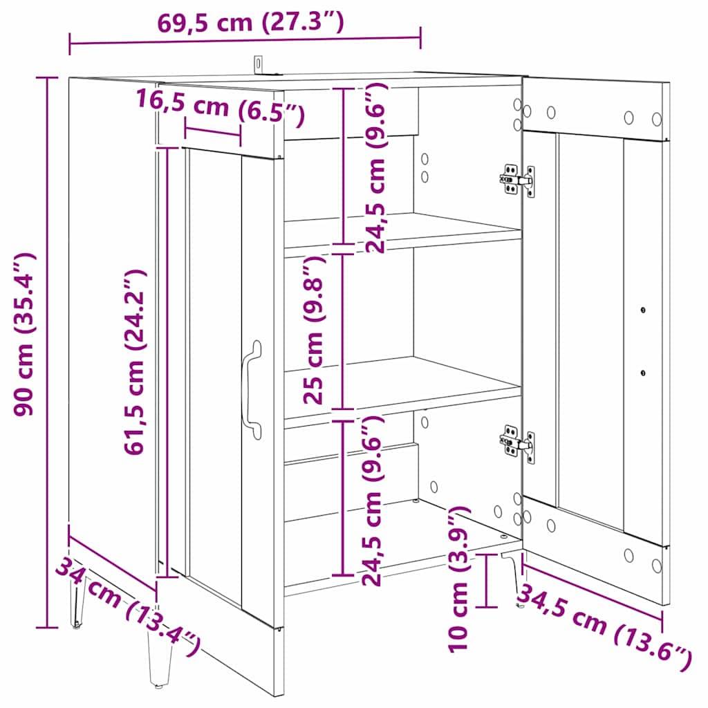 Eine Skizze, die die Abmessungen eines Schranks zeigt, mit zwei geöffneten Türen, die Regale und Schubladen offenlegen. Die Abmessungen sind in Zentimetern und Zoll beschriftet.