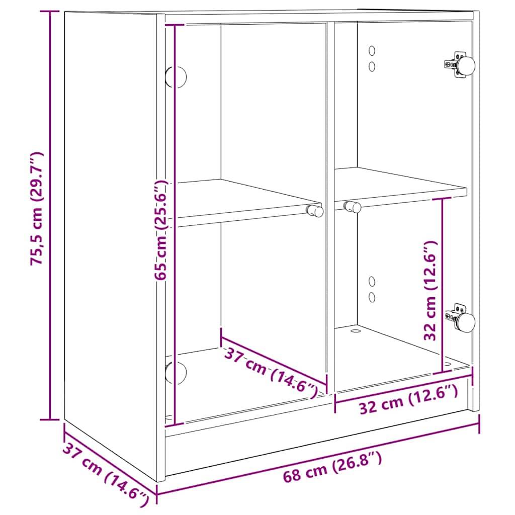 Eine Skizze eines Zweitürenschranks mit Abmessungen: Höhe 75,5 cm, Breite 68 cm, Tiefe 37-32 cm. Einlegeböden befinden sich in Höhen von 65 cm und 32 cm.