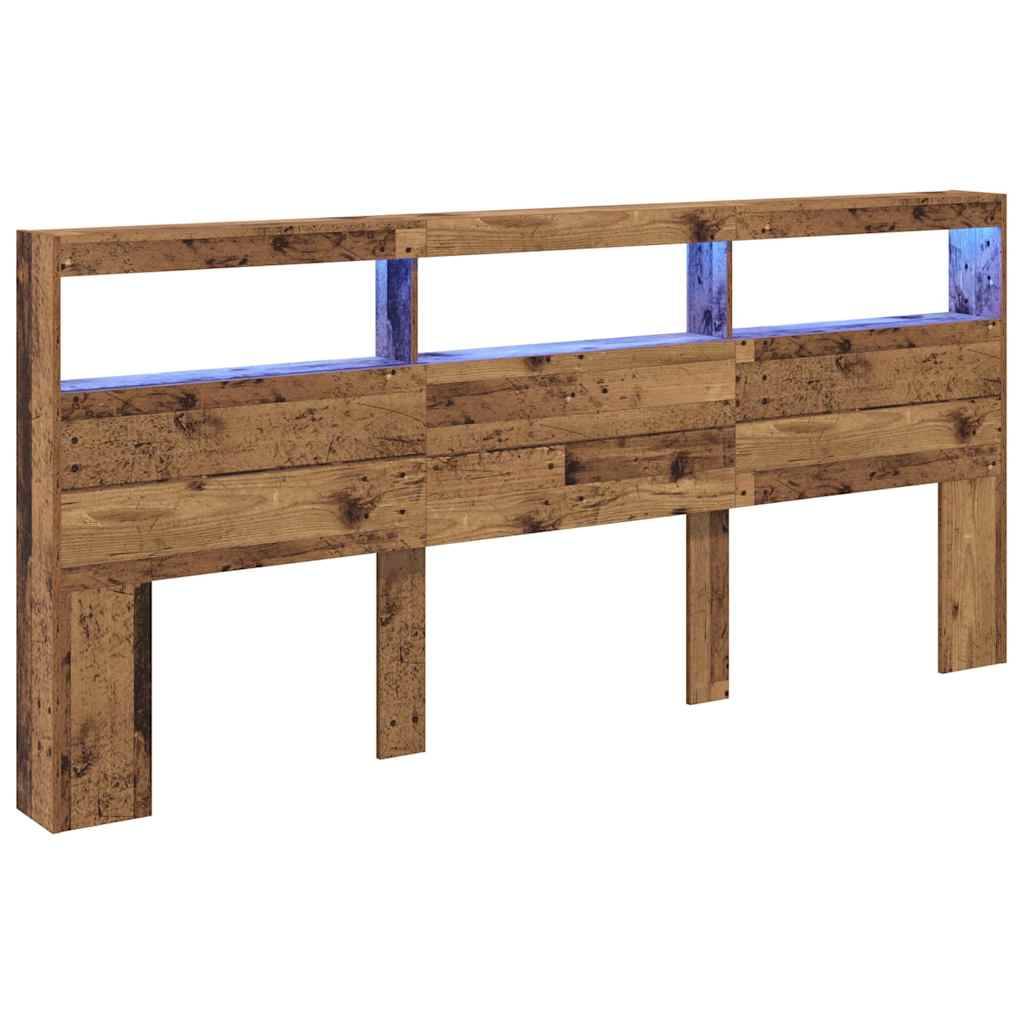 Holzkopfteil mit rustikaler Oberfläche, ausgestattet mit drei offenen Regalen und blauer LED-Beleuchtung, gestützt von drei vertikalen Beinen.