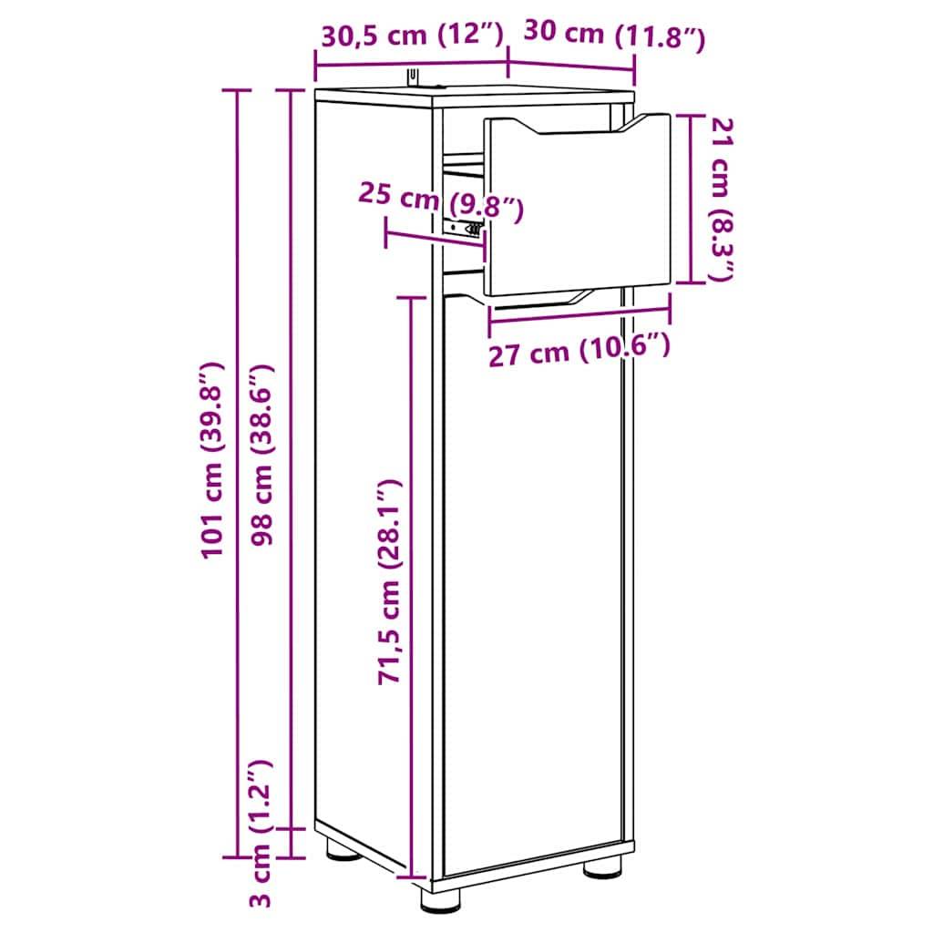 Darstellung eines hohen, rechteckigen Schranks mit Maßangaben. Höhe: 101 cm. Obere Schublade: 25 cm tief. Gesamttiefe: 30 cm.