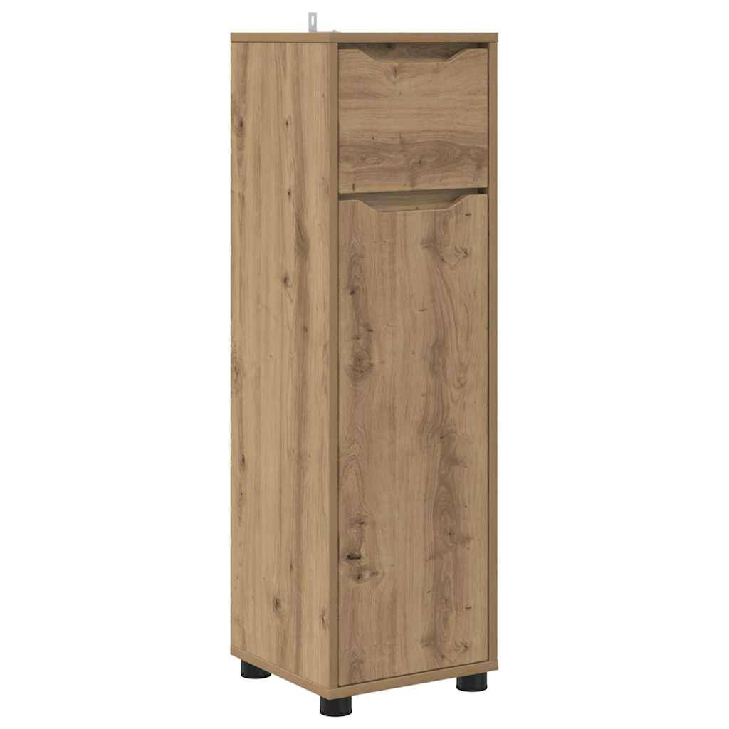 Hoher Holzlagerschrank mit zwei vorderen Fächern und vier kurzen schwarzen Beinen auf weißem Hintergrund.