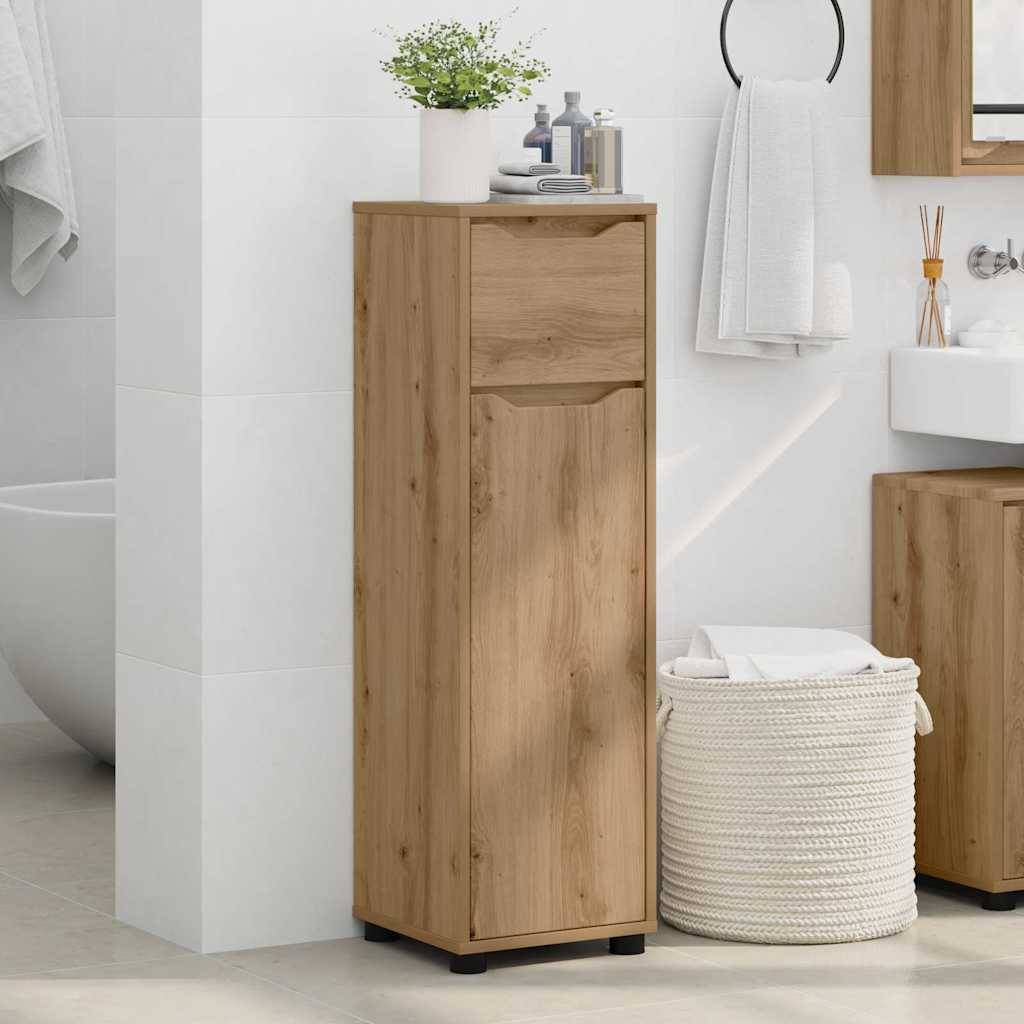 Holzschrankwagen neben einem geflochtenen Wäschekorb und Waschbecken, mit Handtüchern und Toilettenartikeln in einem hellen, modernen Badezimmer.