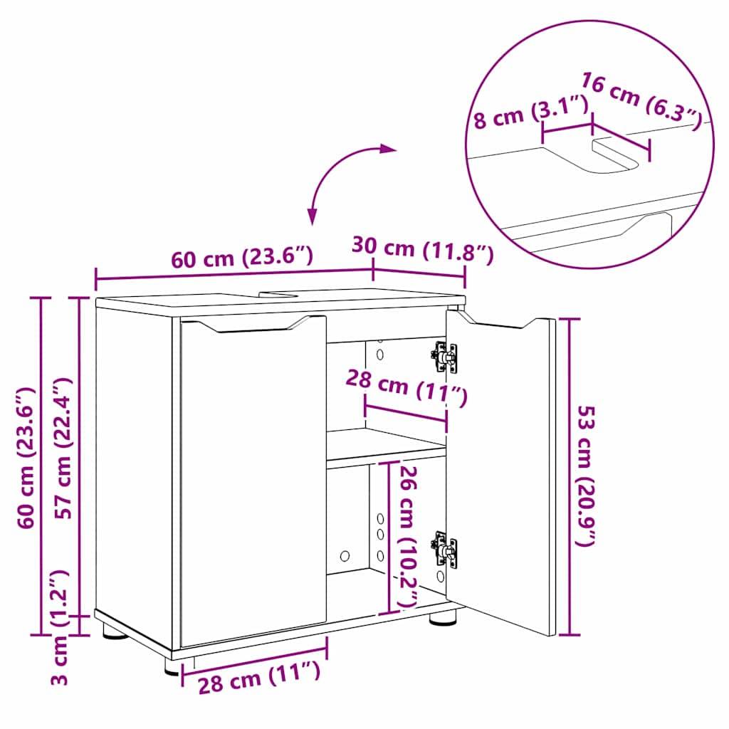Abmessungen und Layout eines Schranks: 60 cm breit, 30 cm tief, 60 cm hoch; umfasst eine Regalhöhe von 28 cm und Türöffnungsabmessungen.