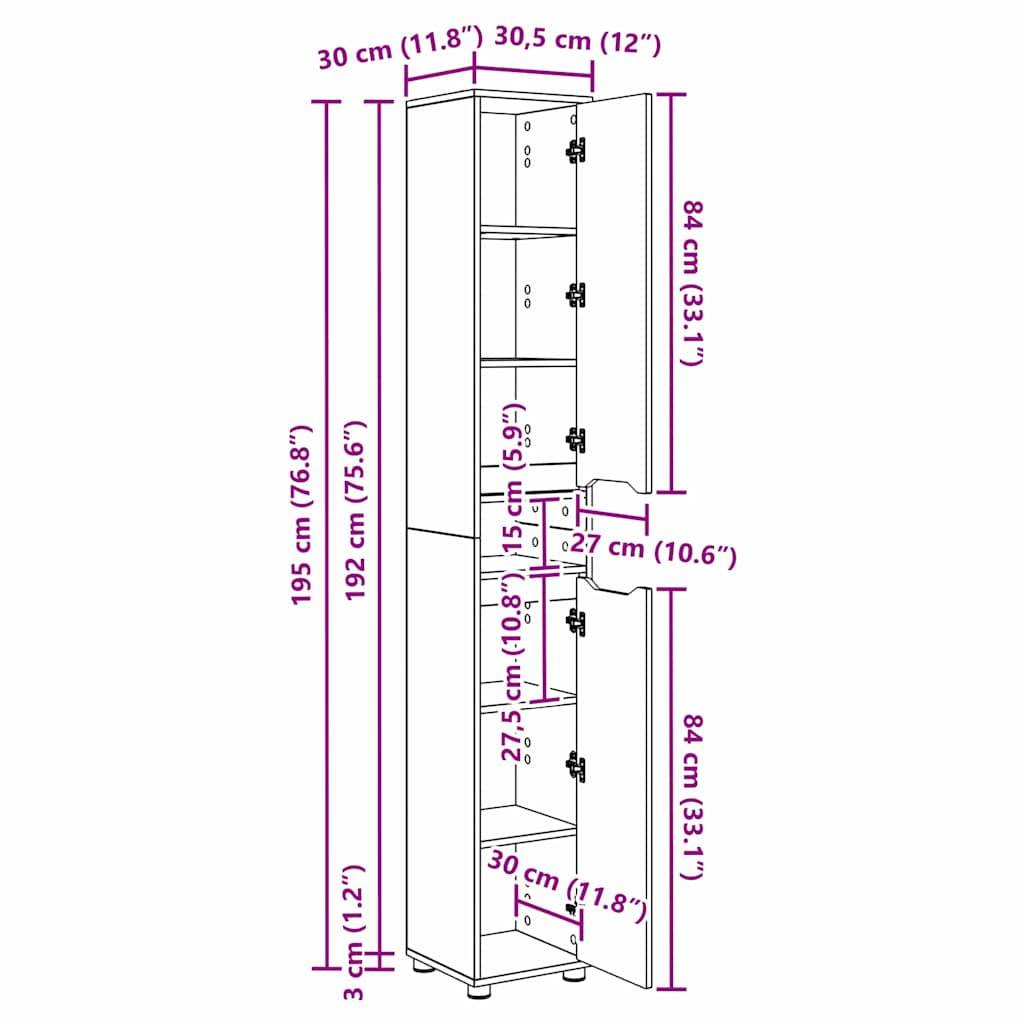 Hoher Schrank mit vier Regalen, Abmessungen angegeben: Höhe 195 cm, Tiefe 30 cm, Breite 30,5 cm. Die Höhe jedes Regals ist spezifiziert.