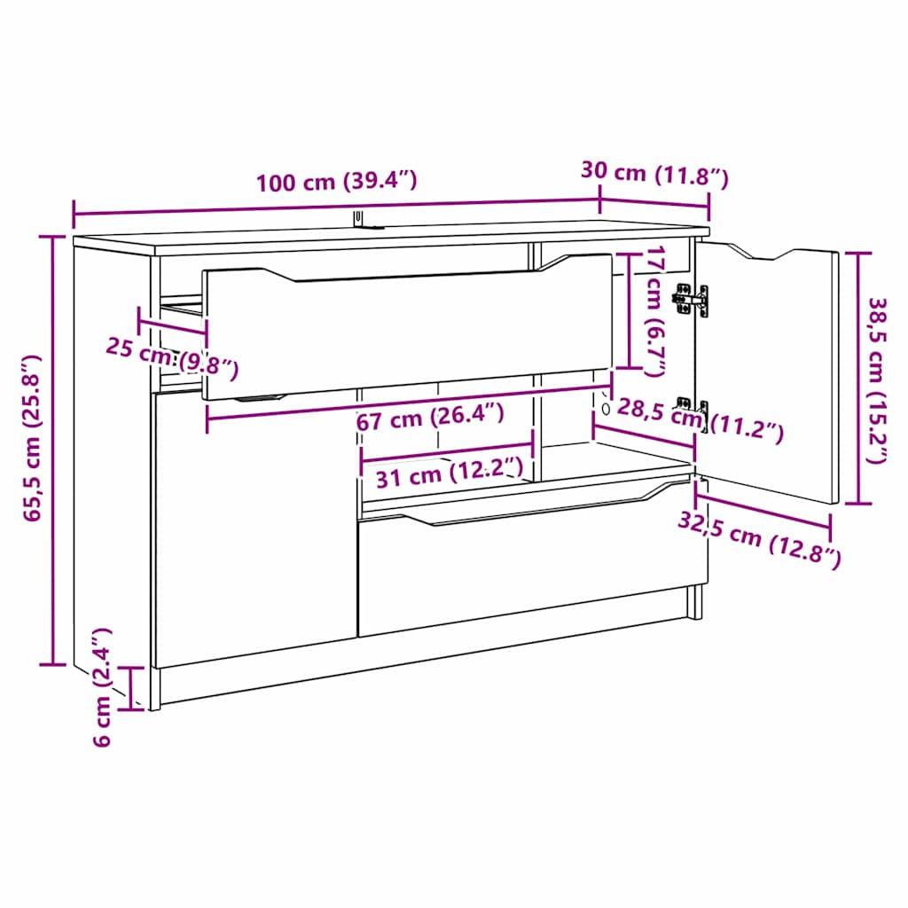 Schematische Darstellung eines Schranks mit Abmessungen: 100 cm breit, 39,4 Zoll hoch, 30 cm tief. Er verfügt über Schubladen und eine Tür, wobei kleinere Innenabmessungen eingezeichnet sind.