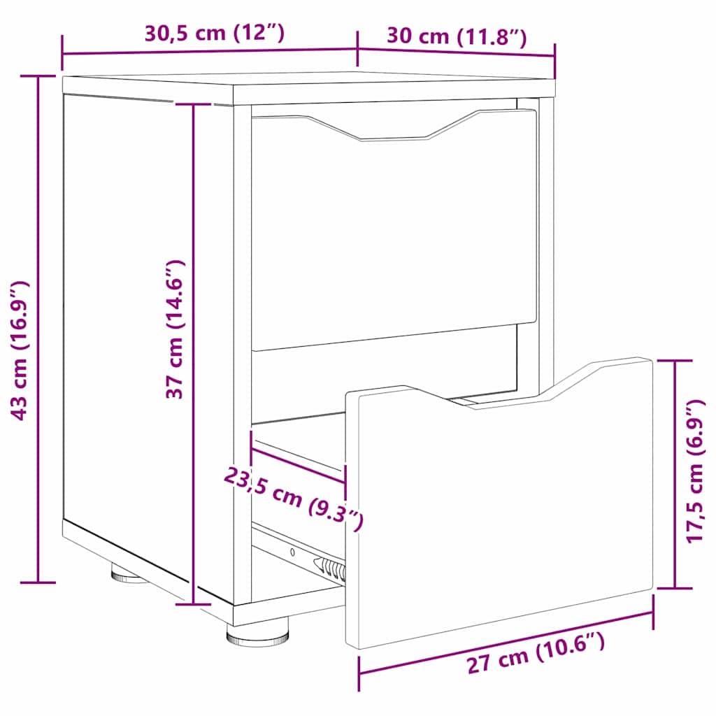 Eine Linienzeichnung eines Schranks mit Abmessungen: 43 cm Höhe, 30,5 cm Breite und 30 cm Tiefe. Offene Schublade misst 27 cm Breite und 17,5 cm Höhe.