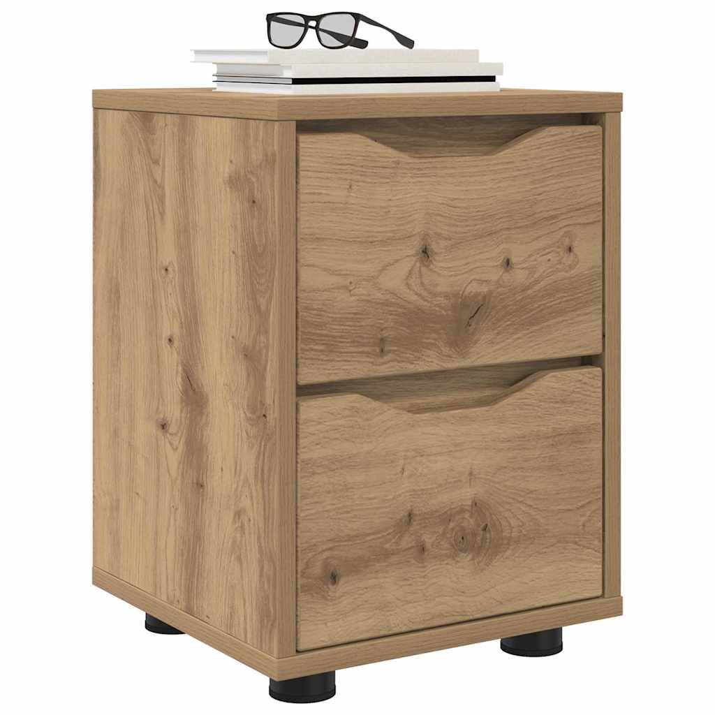 Ein Holznachttisch mit zwei Schubladen, auf dessen Oberfläche Brillen und Bücher ausgelegt sind.