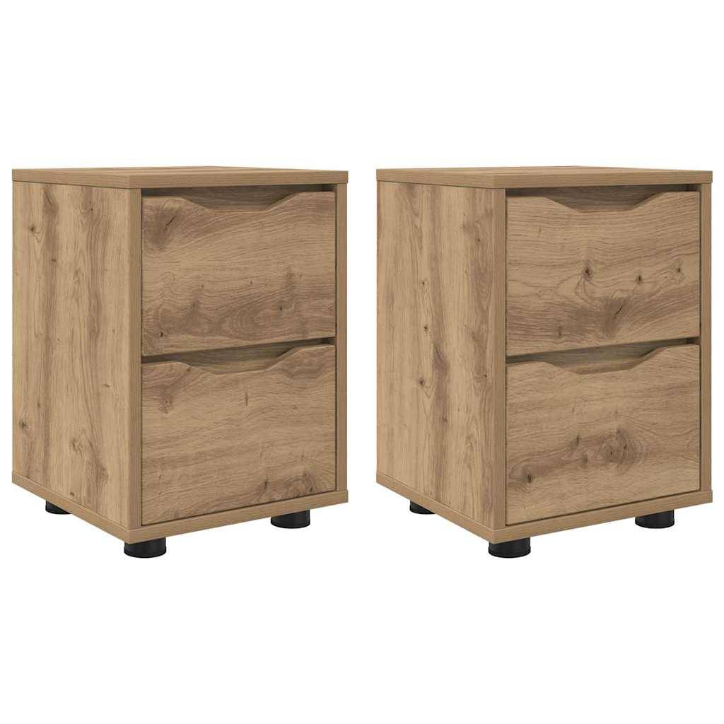 Zwei Holz-Nachttische mit jeweils zwei Schubladen, mit natürlicher Holzmaserung und schwarzen Füßen, nebeneinander stehend.