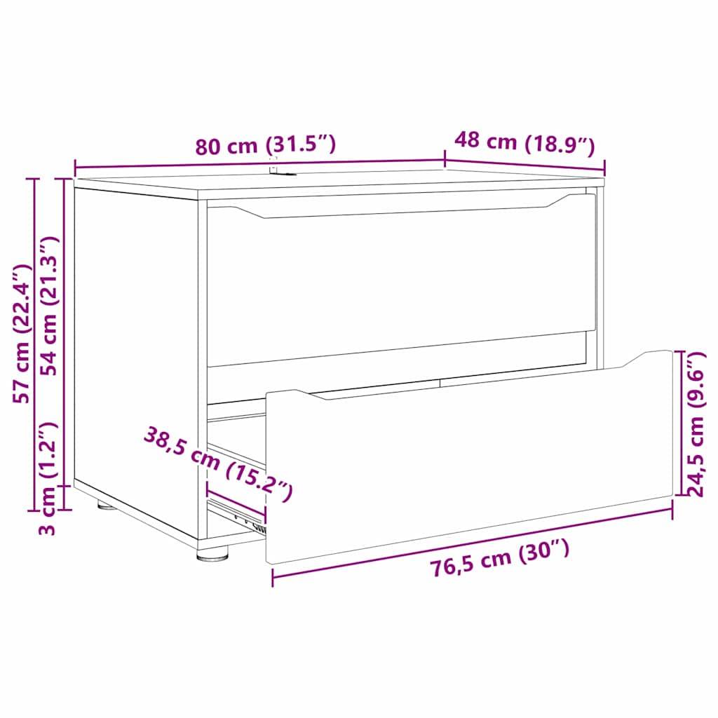 Illustration einer Kommode mit Maßen: 80 cm breit, 48 cm tief und 57 cm hoch. Die Schubladen haben eine Tiefe von 38,5 cm.