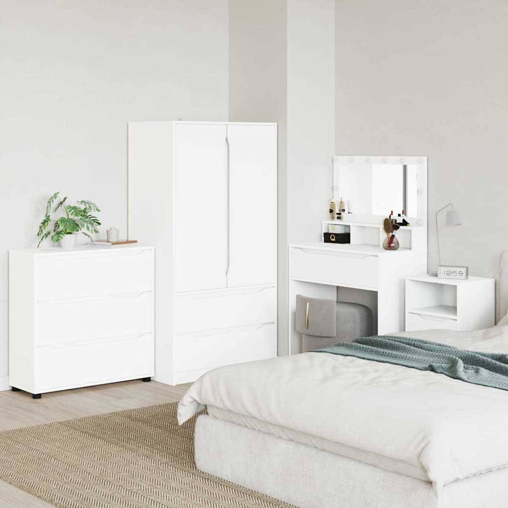 Minimales weißes Schlafzimmer mit Bett, Kleiderschrank, Kommode, Spiegelfrisierkommode und kleinem Nachttisch in einem hellen, modernen Innenraum.