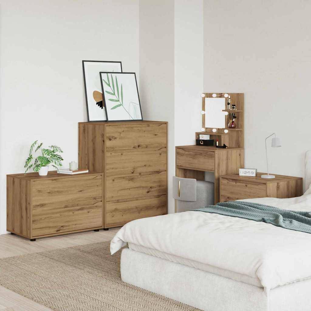 Ein modernes Schlafzimmer mit einer Holzkommode und einem passenden Schminktisch. Ein Bett mit weißen Leintüchern befindet sich im Vordergrund; ein weicher Teppich bedeckt den Boden.