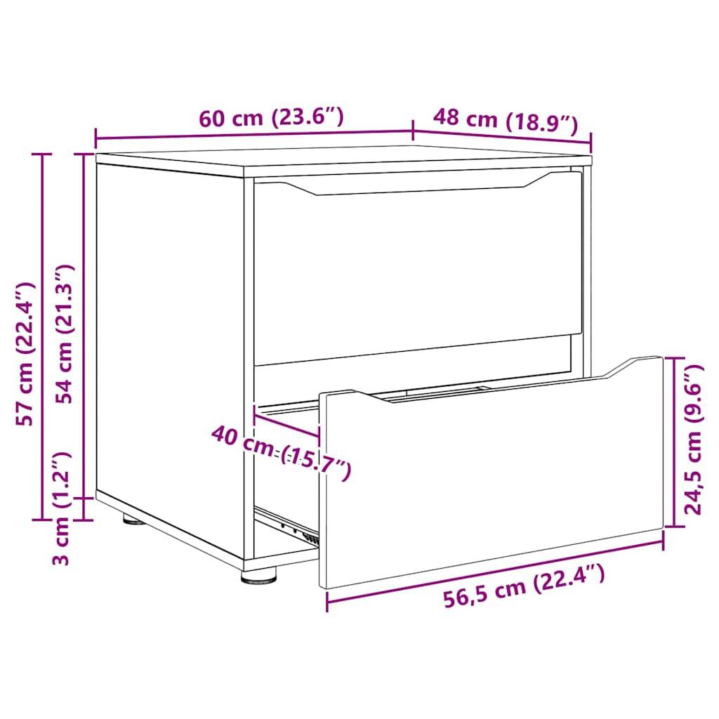 Darstellung eines Schranks mit einem offenen Schubfach. Maße sind beschriftet: 60 cm breit, 57 cm hoch, 48 cm tief; Schubfach ist 56,5 cm breit.