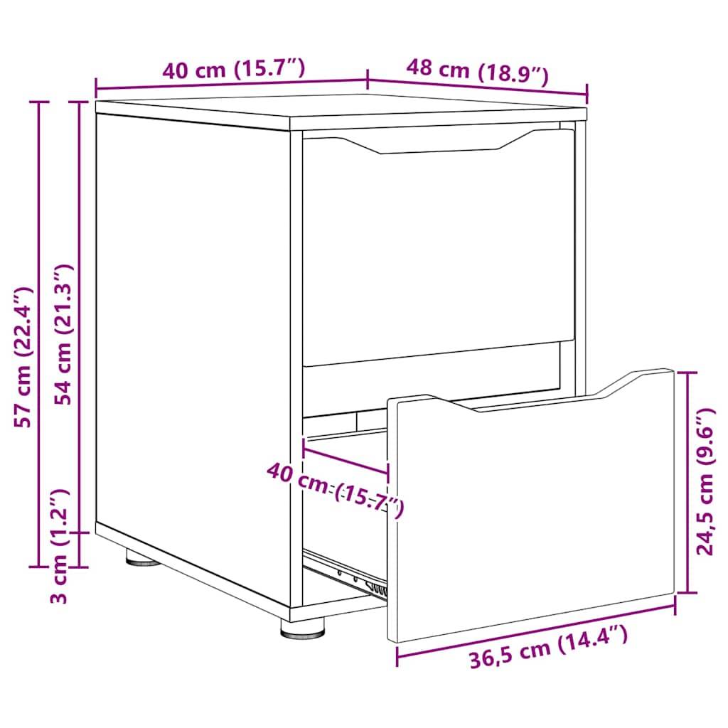 Eine Skizze eines 2-Schubladen-Schranks mit Maßen: Breite 40 cm, Tiefe 48 cm, Höhe 57 cm. Die untere Schublade ist 36,5 cm breit, 24,5 cm hoch.