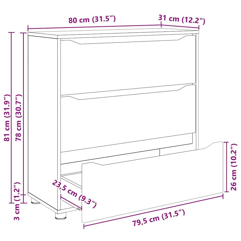 Abbildung eines Drei-Schubladen-Schranks mit angegebenen Maßen: Höhe 81 cm, Tiefe 31 cm und Breite 80 cm.