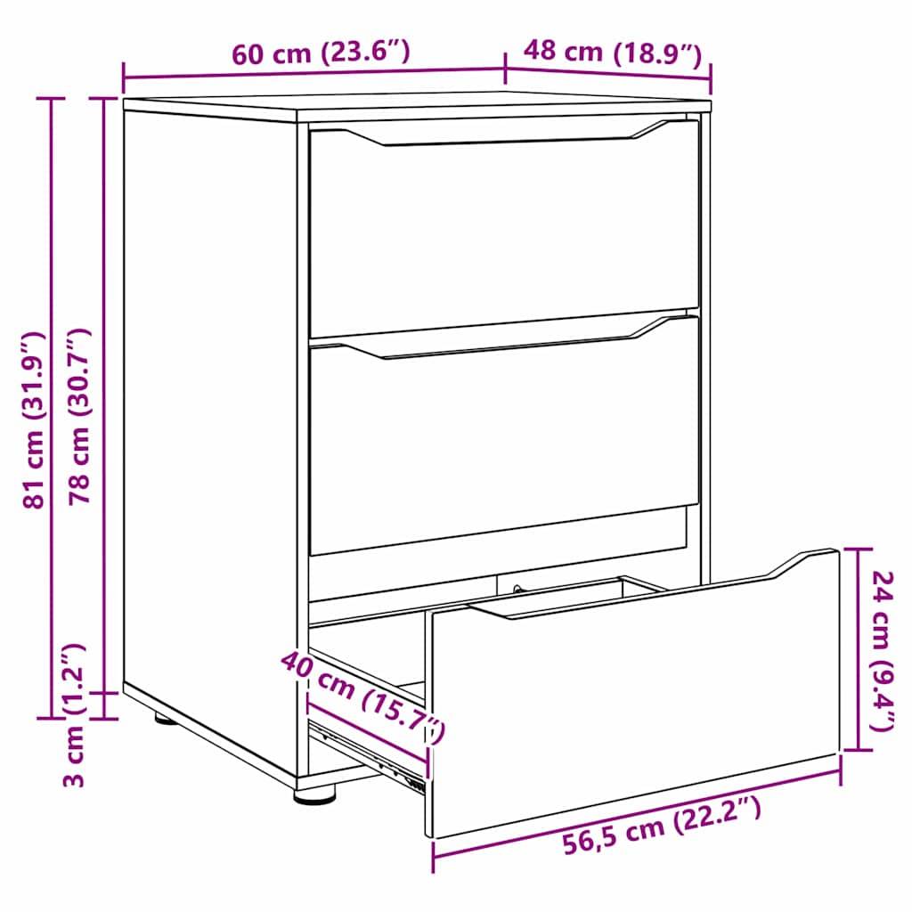 Eine Linienzeichnung eines Drei-Schubladen-Schranks mit Maßen: 81 cm hoch, 60 cm breit und 48 cm tief. Die Abmessungen jeder Schublade sind ebenfalls detailliert angegeben.
