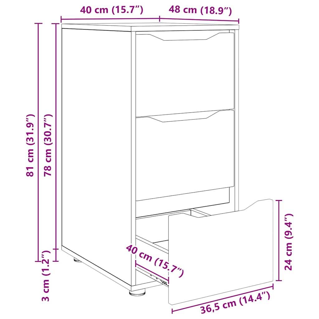 Hoher Schrank mit drei Schubladen, Maße angegeben in Zentimetern und Zoll: 81 cm hoch, 48 cm breit, mit angegebenen unterschiedlichen Tiefen.