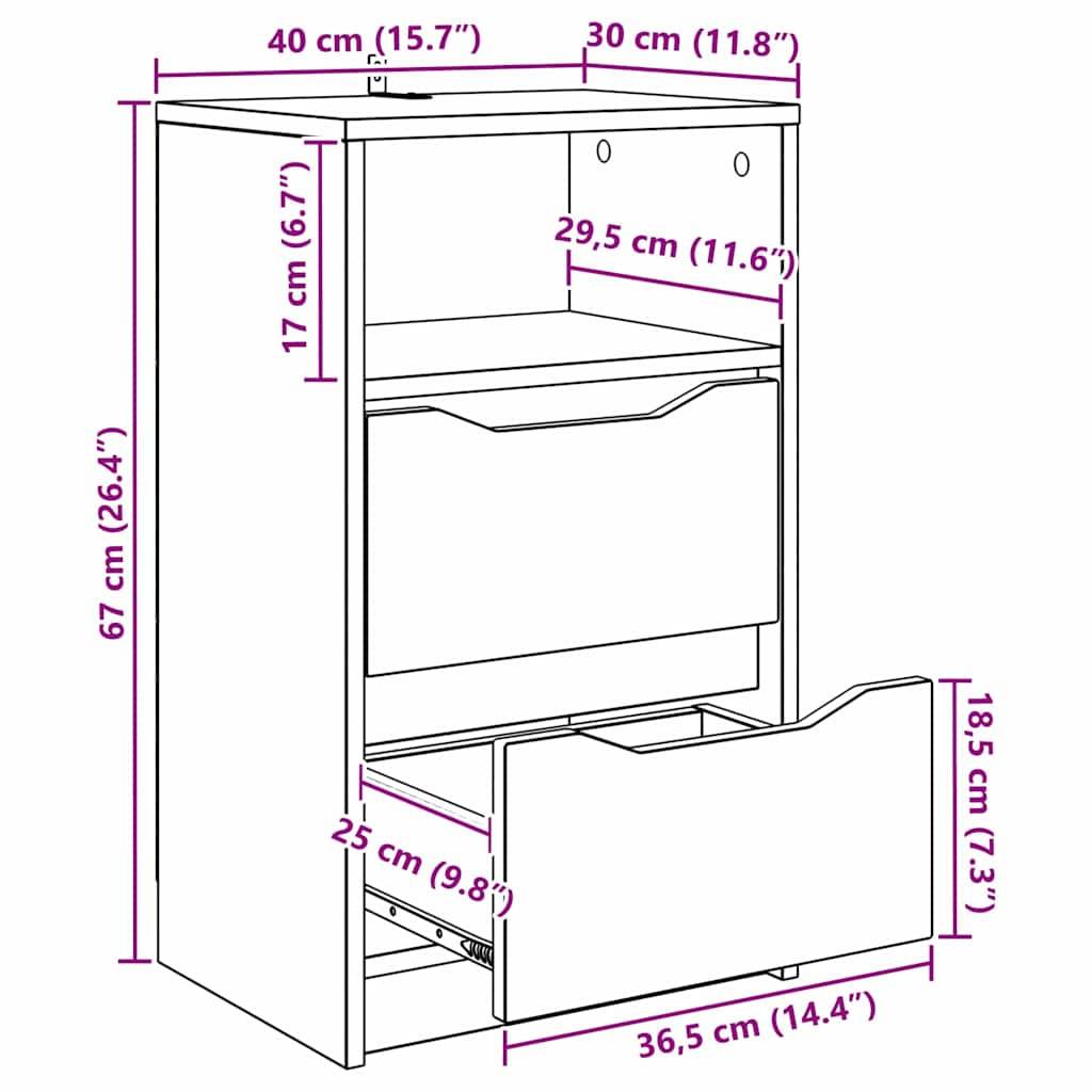 Eine Skizze eines Schranks mit drei Schubladen, mit folgenden Abmessungen: 67 cm hoch, 40 cm breit und 30 cm tief. Schubladenmaße ebenfalls dargestellt.