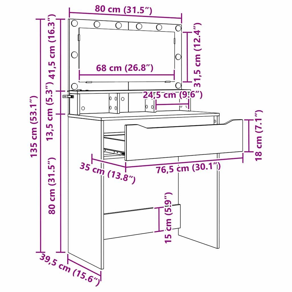 Schreibtisch mit Spiegeldiagramm mit Maßen: Breite 80 cm, Höhe 135 cm, Tiefe 39,5 cm. Schubladen-Breite 76,5 cm, Höhe 18 cm. Spiegel-Breite 68 cm.