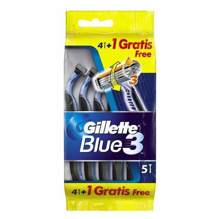 Eine Packung 'Gillette Blue 3' Rasierklingen, die insgesamt fünf Rasierer mit einer '41 + 1 Gratis Kostenlos' Werbeaktion auf der Verpackung anbietet.