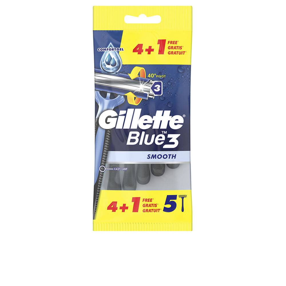 Gelbe und blaue Verpackung der 'Gillette Blue 3 Smooth' Rasierer, mit auffälliger '4+1 Gratis' Aktion und einem Bild eines Rasierers.
