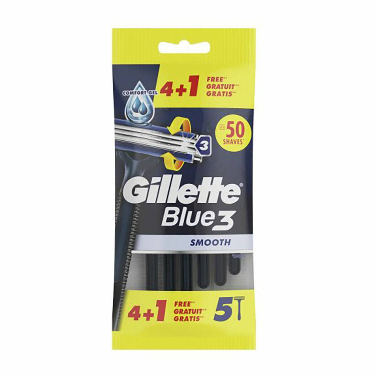 Gillette Blue 3 Smooth Rasierer-Packung mit insgesamt 5 Rasierern, einschließlich eines kostenlosen zusätzlichen Exemplars. Bewirbt sich mit Komfortgel und 50 Rasuren pro Rasierer.