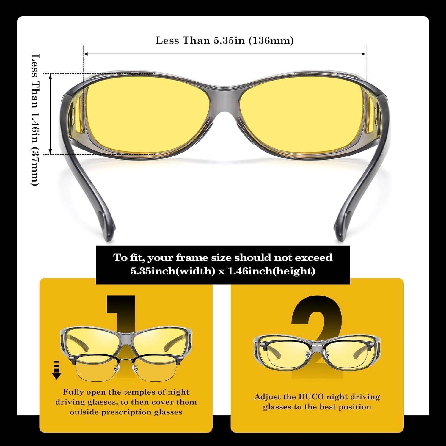 Brille mit gelben Gläsern. Oberer Text: 
