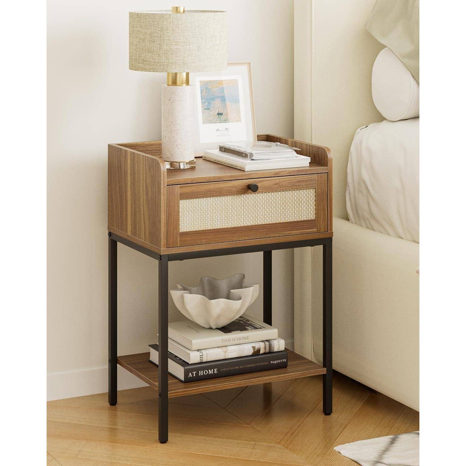 Nachttisch Rattan 3-Tier mit Aufbewahrung & Regal, Braun