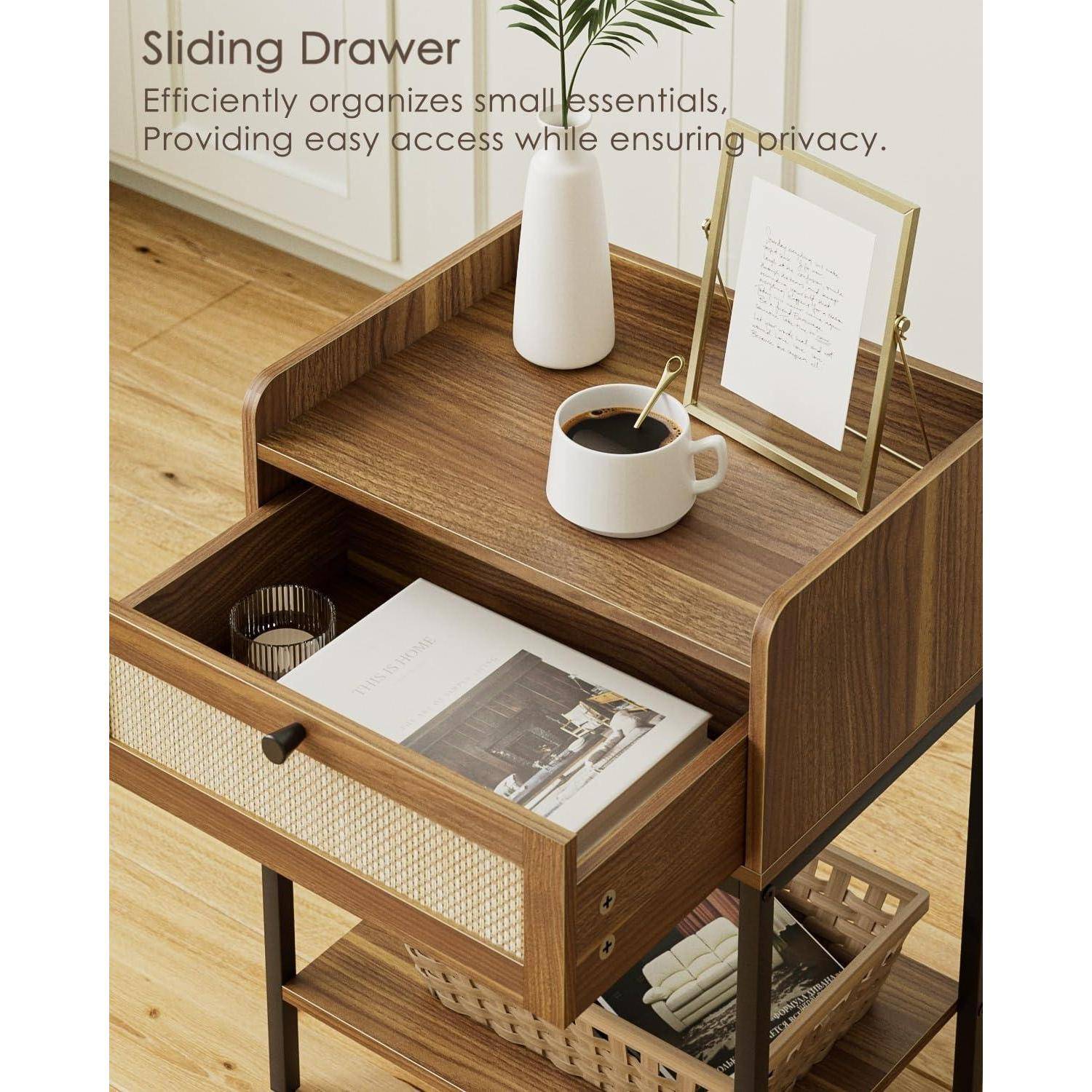 Nachttisch Rattan 3-Tier mit Aufbewahrung & Regal, Braun