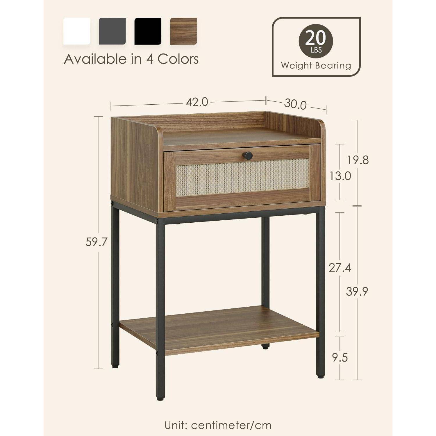 Nachttisch Rattan 3-Tier mit Aufbewahrung & Regal, Braun