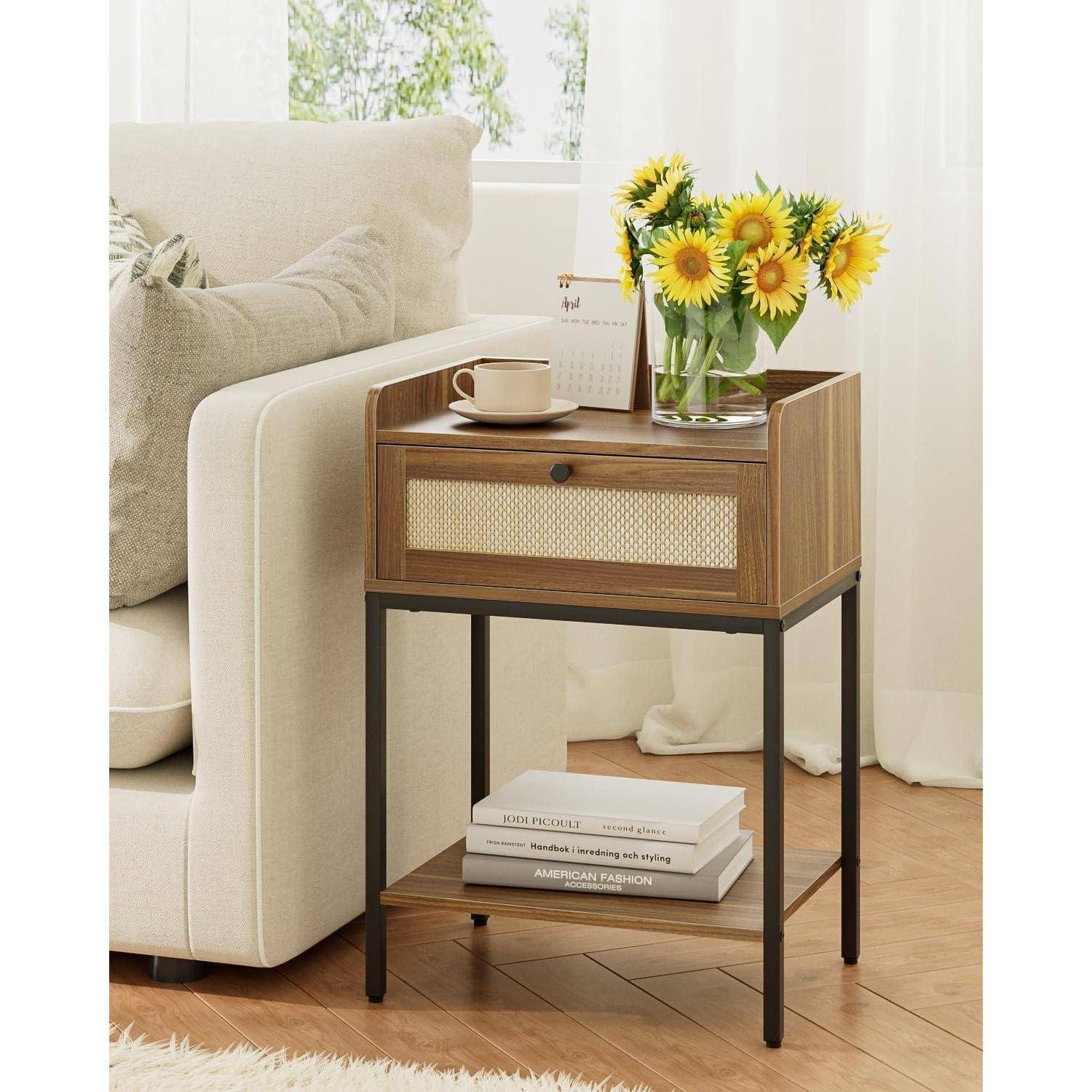Nachttisch Rattan 3-Tier mit Aufbewahrung & Regal, Braun