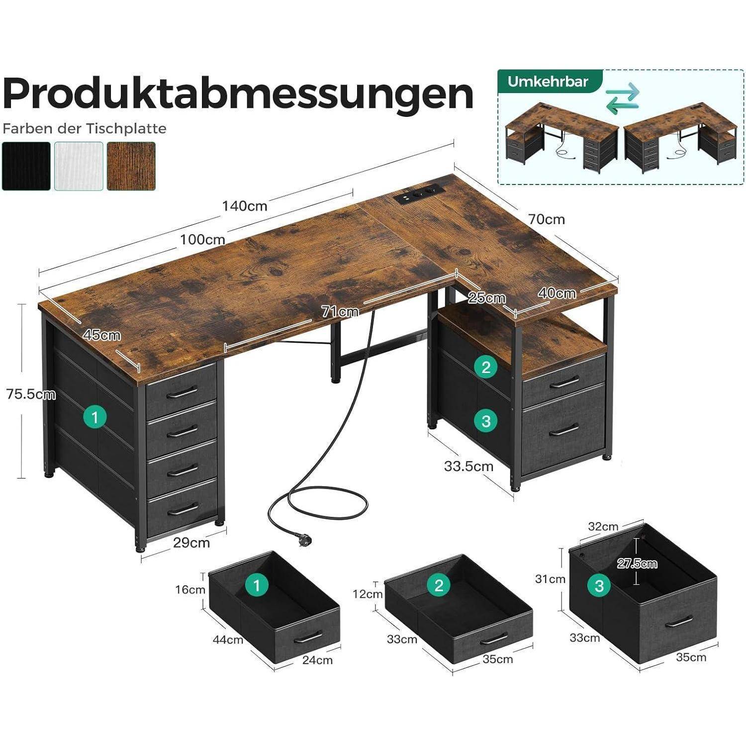 Schreibtisch mit Stoff Schubladen L Form Aktenschublade
