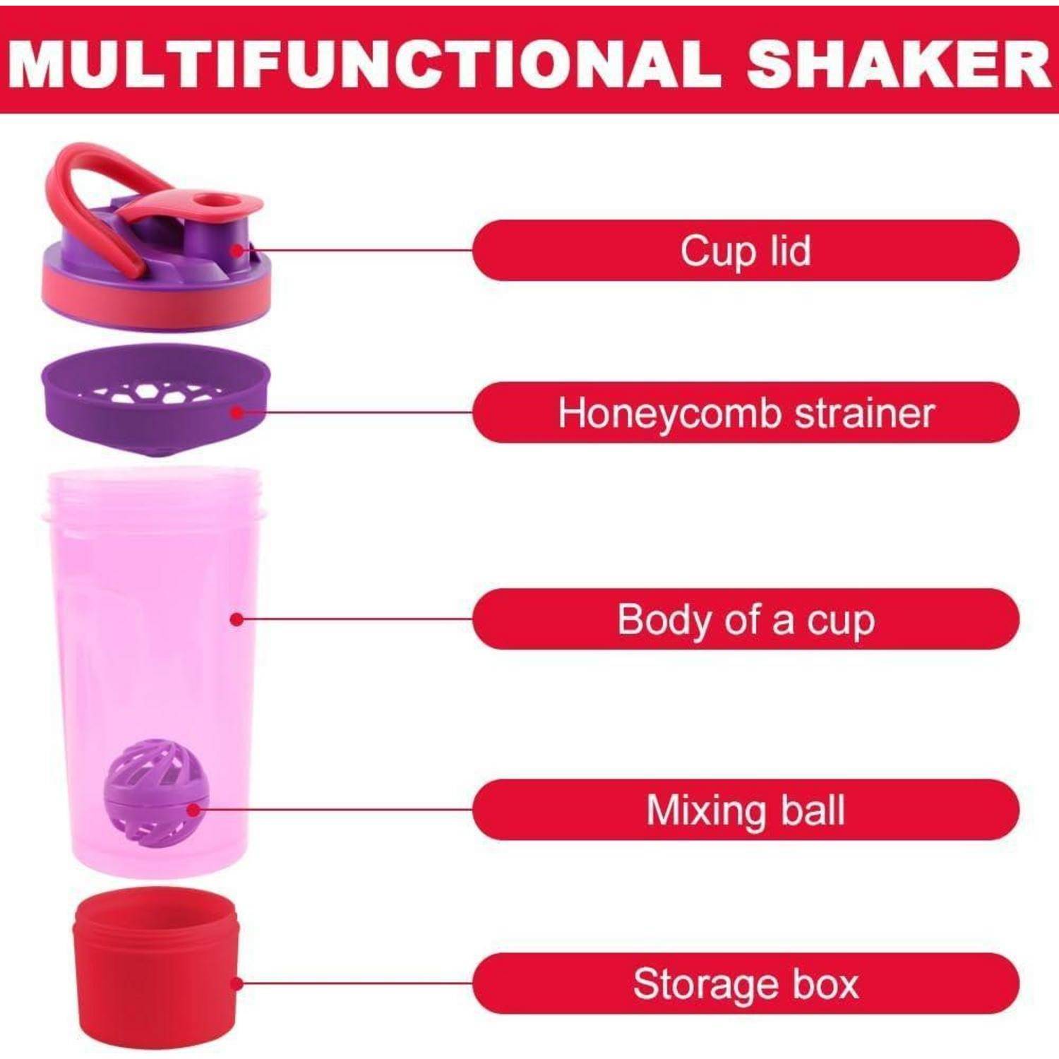 Protein Shaker 700ml mit Kugel, Sieb, Mess-Skala, Auslaufsicher