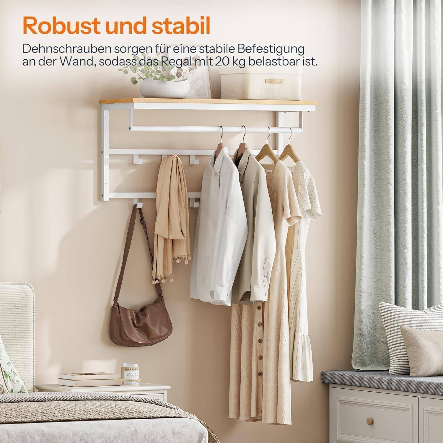 Wandgarderobe Ablage 10 Weiß + Natürliche Holzfarbe 80 x 30 x 42 cm