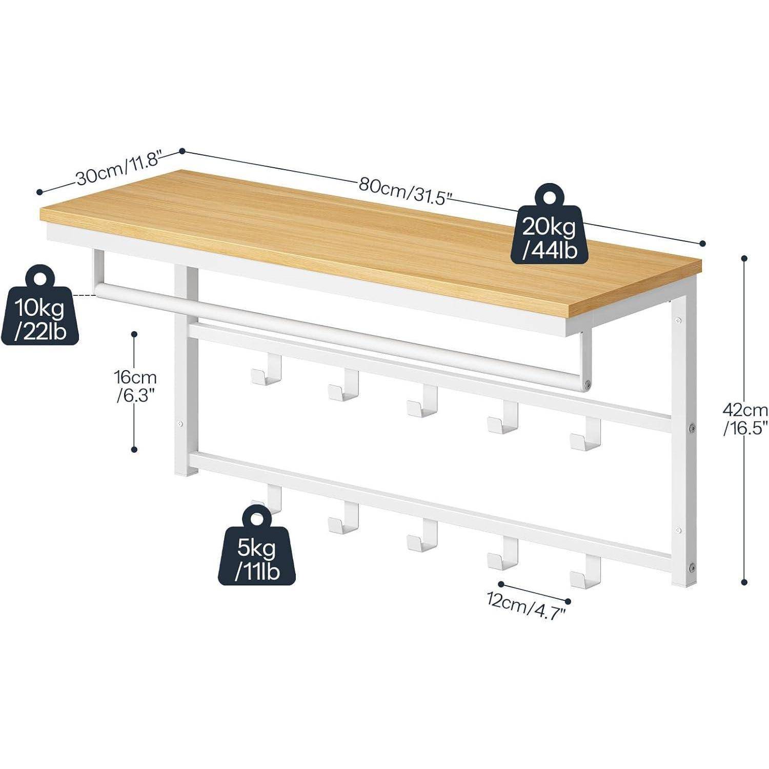 Wandgarderobe Ablage 10 Weiß + Natürliche Holzfarbe 80 x 30 x 42 cm