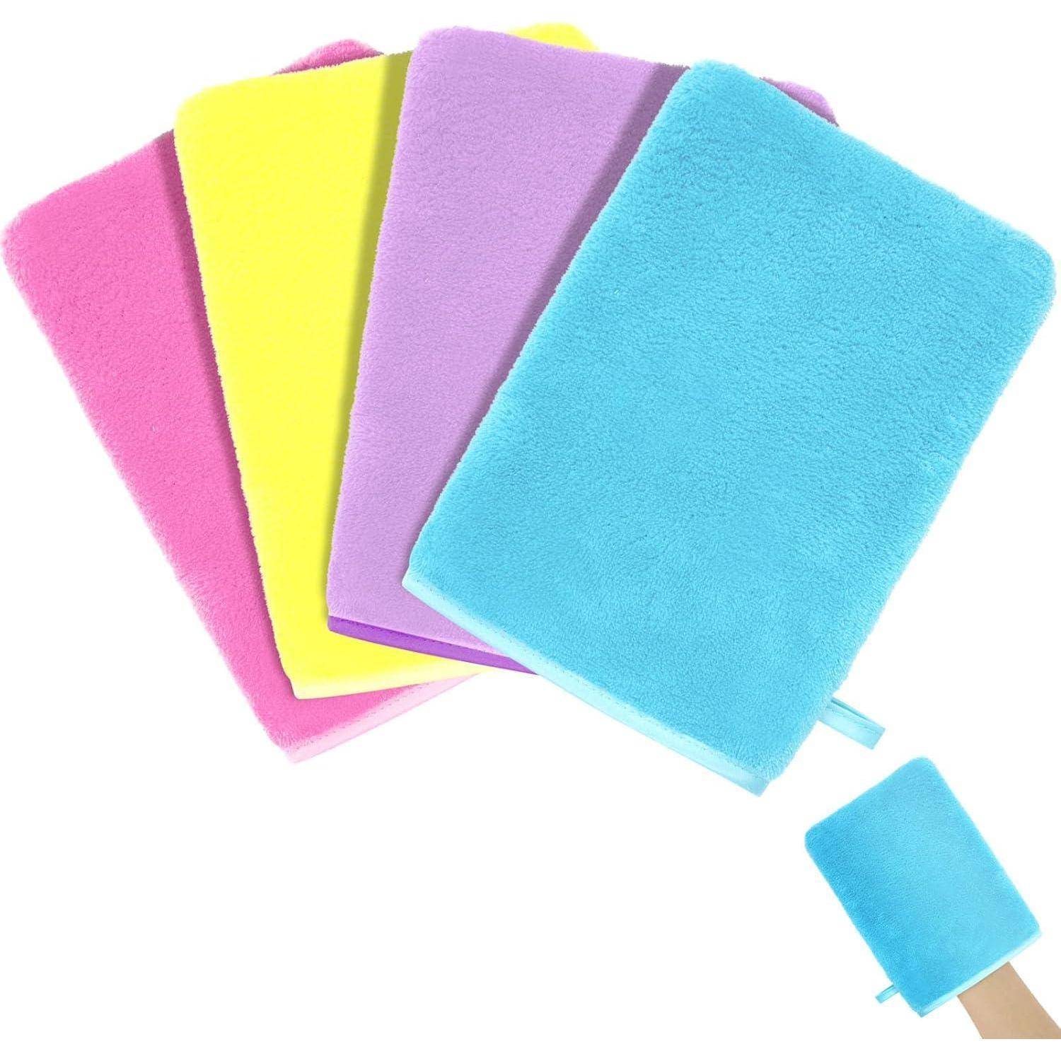 Waschhandschuhe Frottee Korallensamt 4 Stück Blau Rosa Gelb Lila