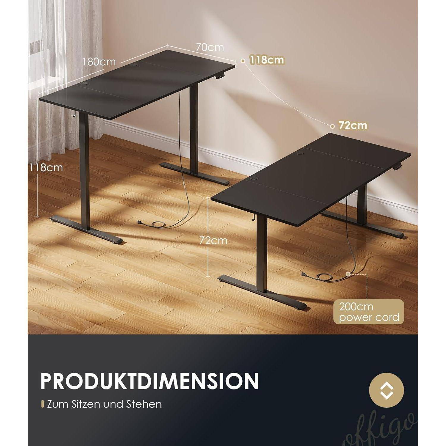Schreibtisch Höhenverstellbar Elektrisch 180cm 180 x 70 cm Schwarz