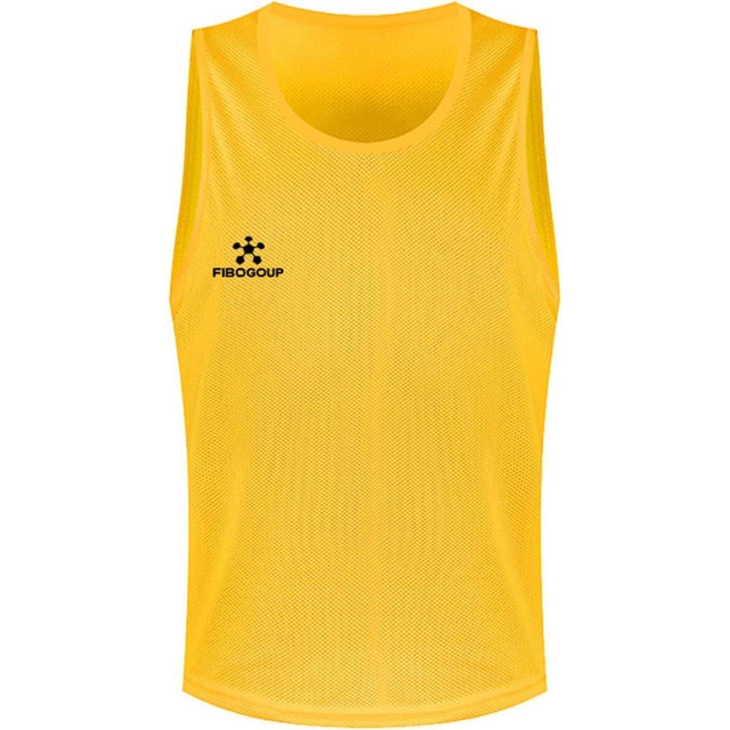 Gelbe Sportweste mit 'Fibogoup'-Logo auf der oberen linken Seite. Hergestellt aus atmungsaktivem Netzmaterial. Ärmelloses Design, geeignet für Outdoor-Aktivitäten.