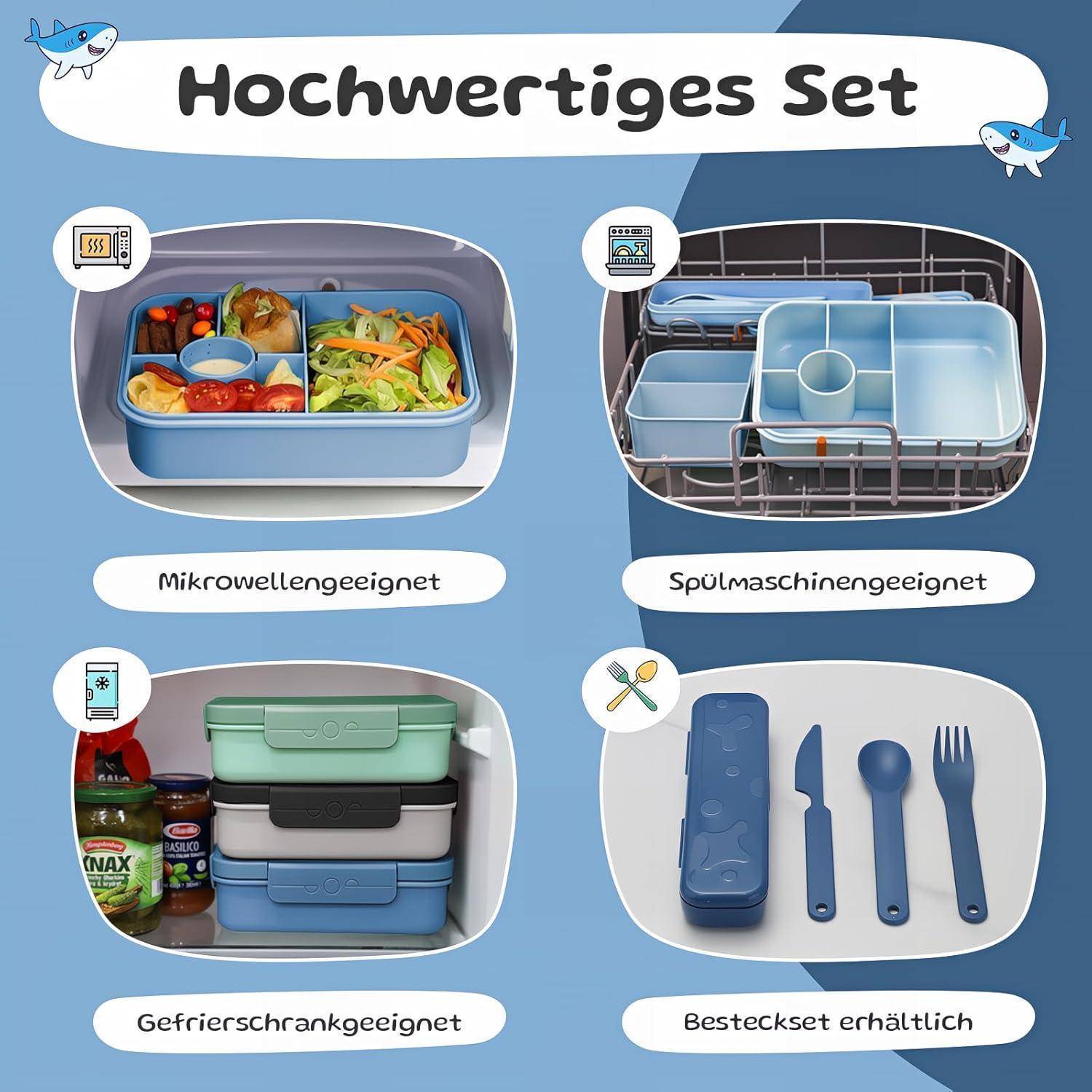 Ein Set aus blauen Lebensmittelbehältern und Utensilien. Eigenschaften umfassen Mikrowellen-, Spülmaschinen- und Gefriereignung. Utensilien enthalten.