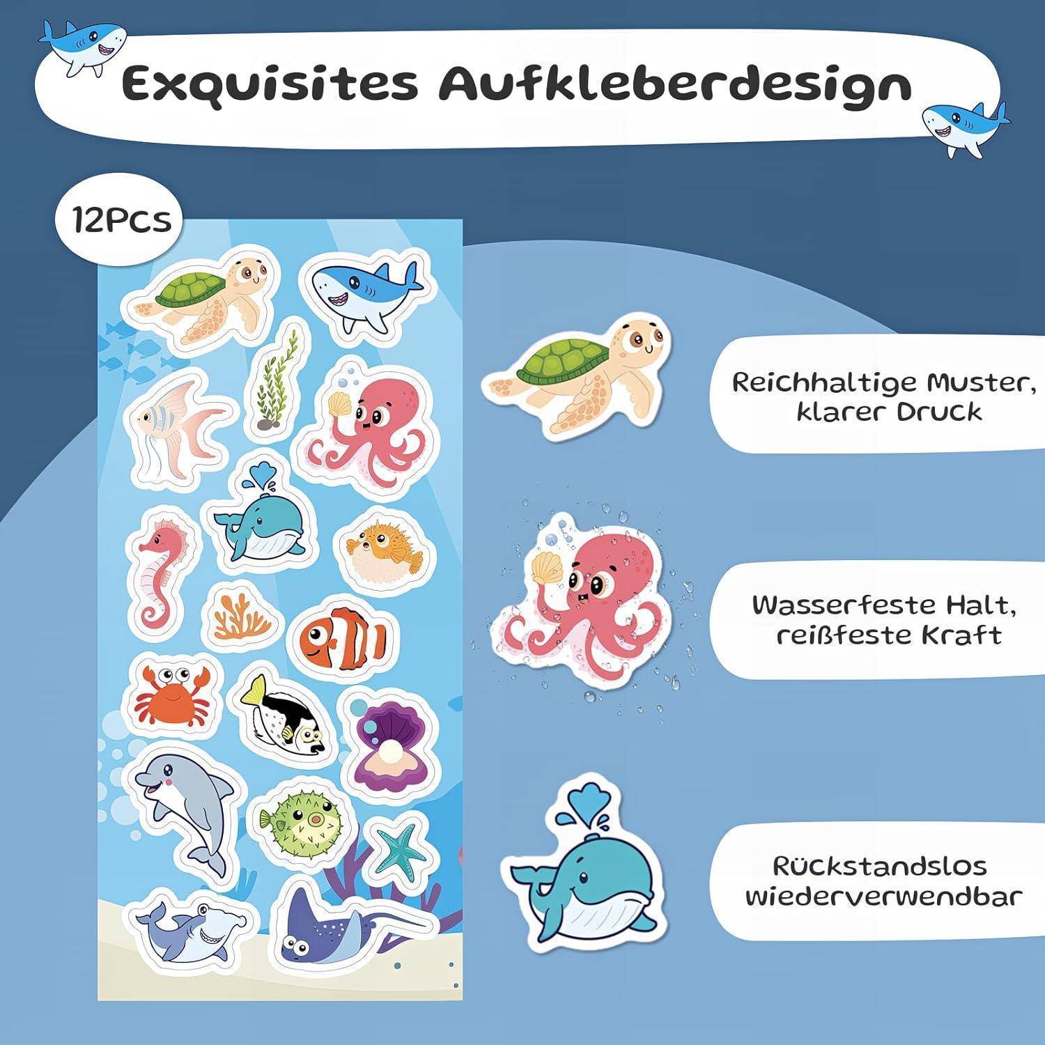 Sticker-Set mit 12 Stickern, die Meerestiere wie Fische, Kraken und Schildkröten darstellen. Der Text betont die Wasserfestigkeit, Wiederverwendbarkeit und klare Druckqualität.