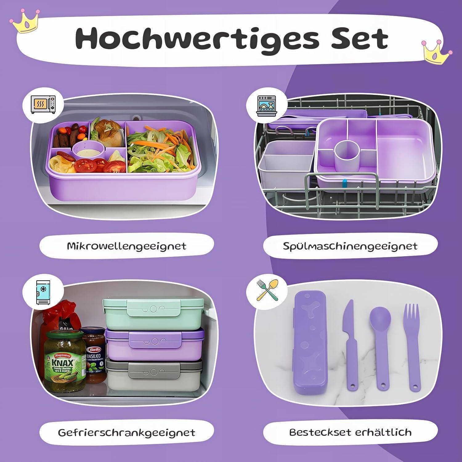 Set' enthält mikrowellengeeignete Box mit Lebensmitteln, spülmaschinenfeste Behälter, gefrierschrankfreundliche Boxen und verfügbares Besteck. Etiketten in deutscher Sprache.