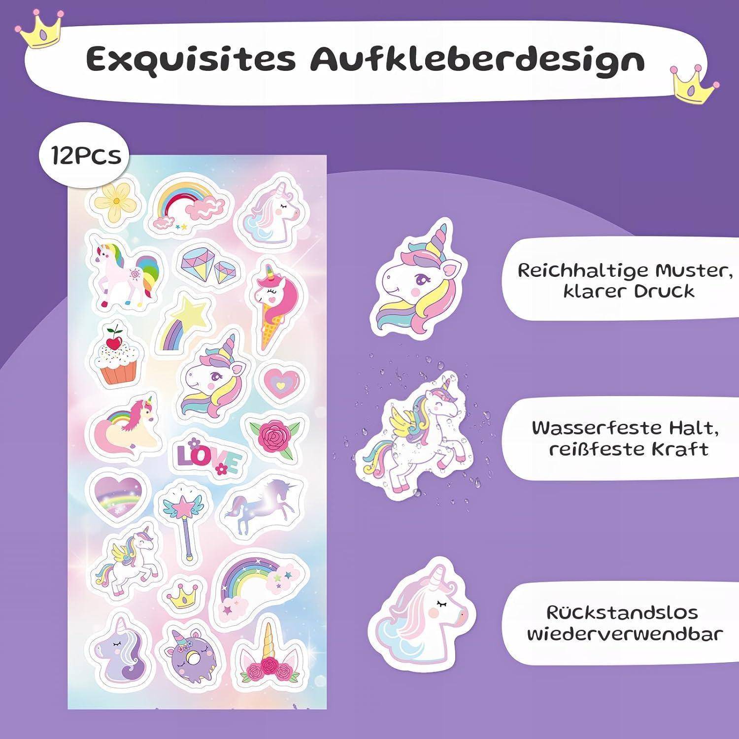 Ein Set aus 12 Einhorn-Stickern mit hellen, klaren Designs. Merkmale umfassen reiche Muster, wasserfest und wiederverwendbare Klebung.