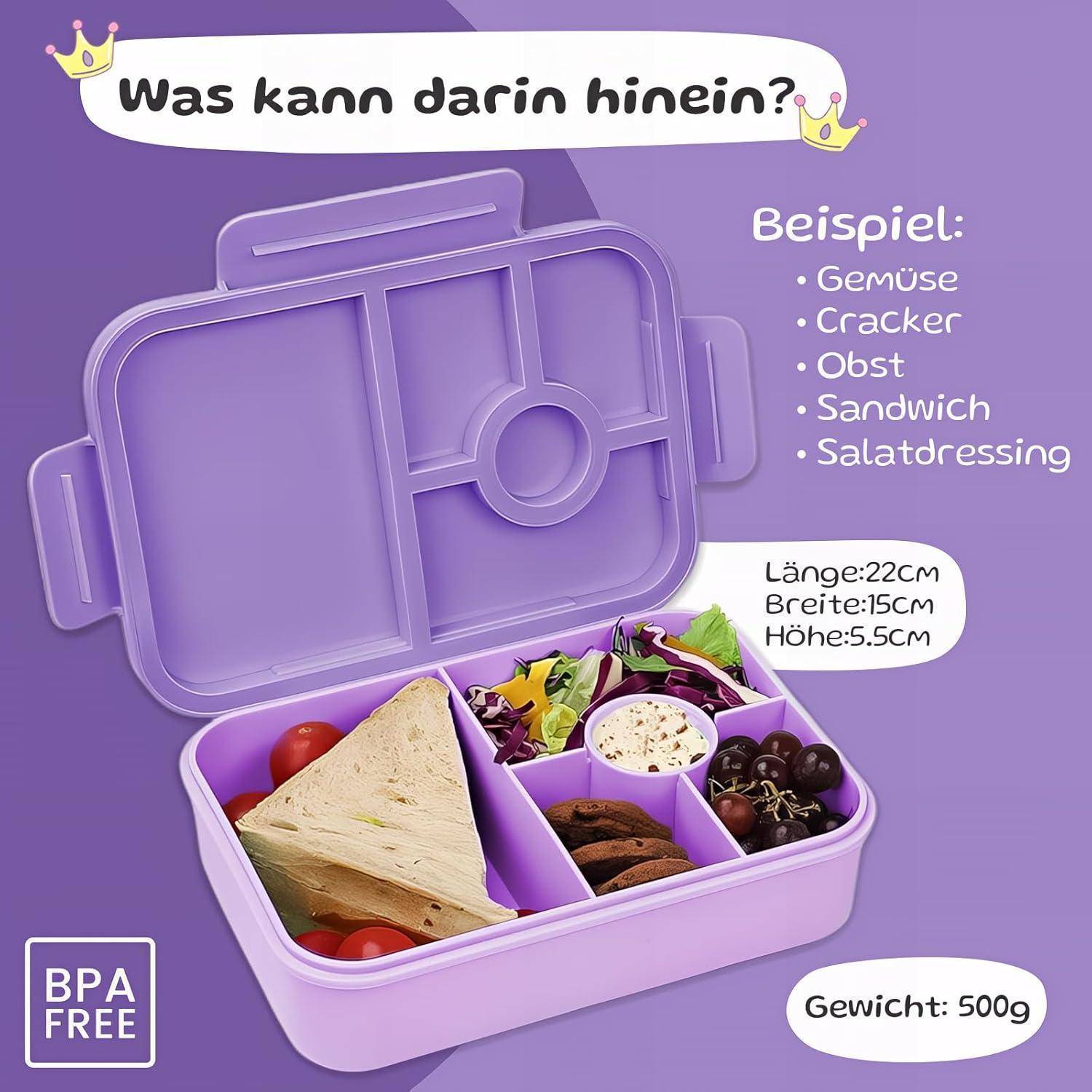 Lila Brotdose mit Fächern, gefüllt mit Gemüse, Crackern, Obst, Sandwich und Dressing. Inklusive BPA-freies Etikett; Gewicht 500g.