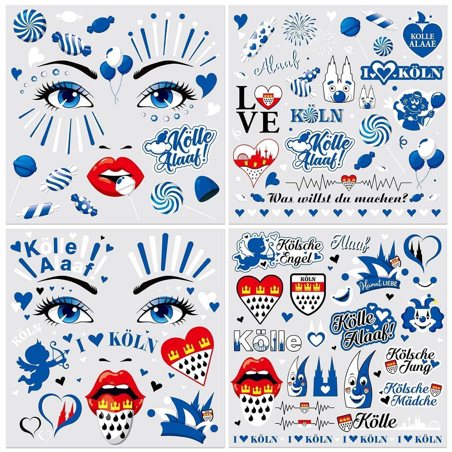 Gesichtstattoo 4 Bogen Aufkleber Kölle Alaaf Köln Karneval Blau-Weiß