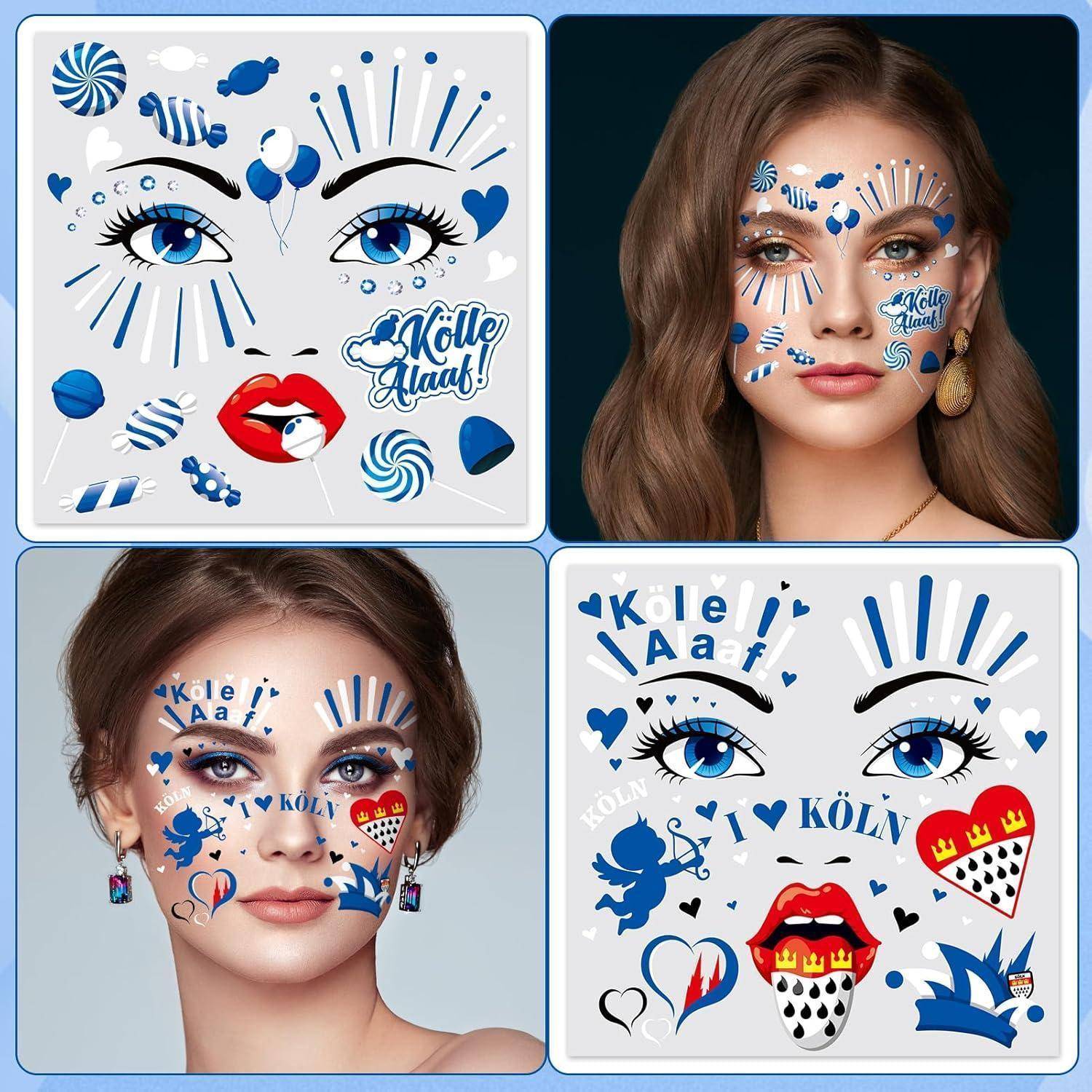 Gesichtstattoo 4 Bogen Aufkleber Kölle Alaaf Köln Karneval Blau-Weiß