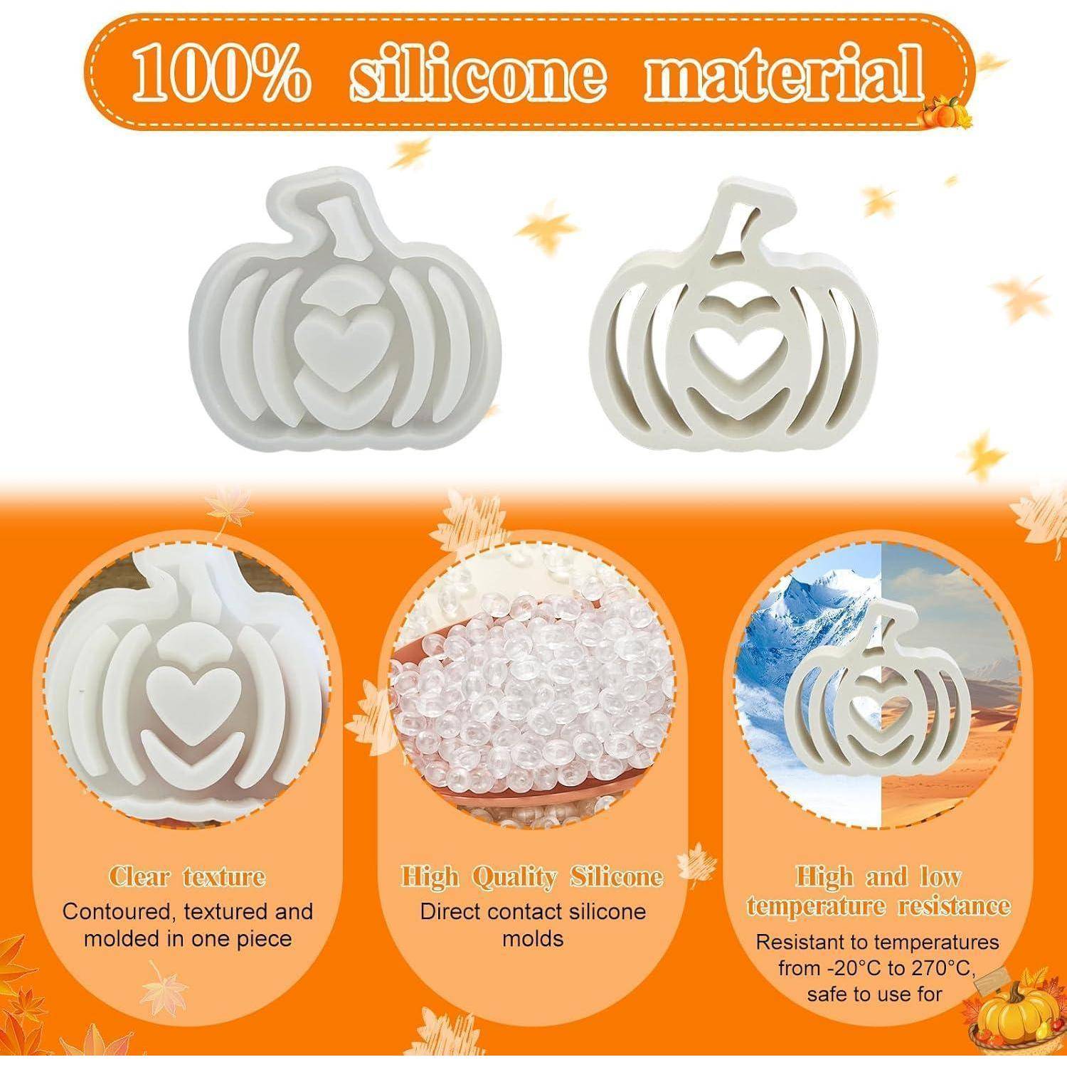 100% Silikonmaterial' Banner mit zwei kürbisförmigen Silikonformen. Eigenschaften: klare Textur, hochwertige Silikon, Temperaturbeständigkeit von -20°C bis 270°C.
