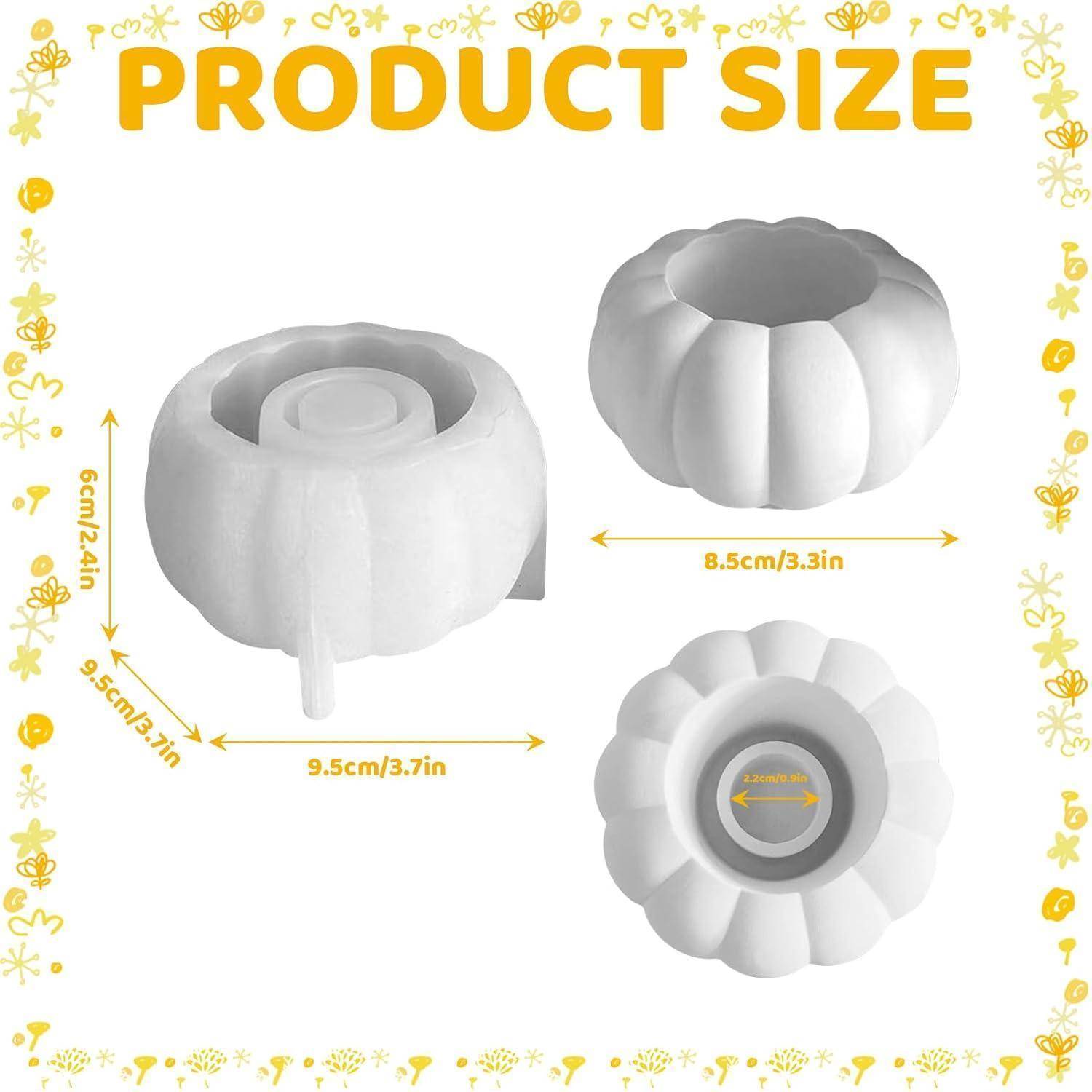 Silikonkürbis-Form in drei Ansichten mit Maßen: 9,5 cm/3,7 Zoll Durchmesser, 6 cm/2,4 Zoll Höhe. Draufsicht zeigt die Vertiefung.