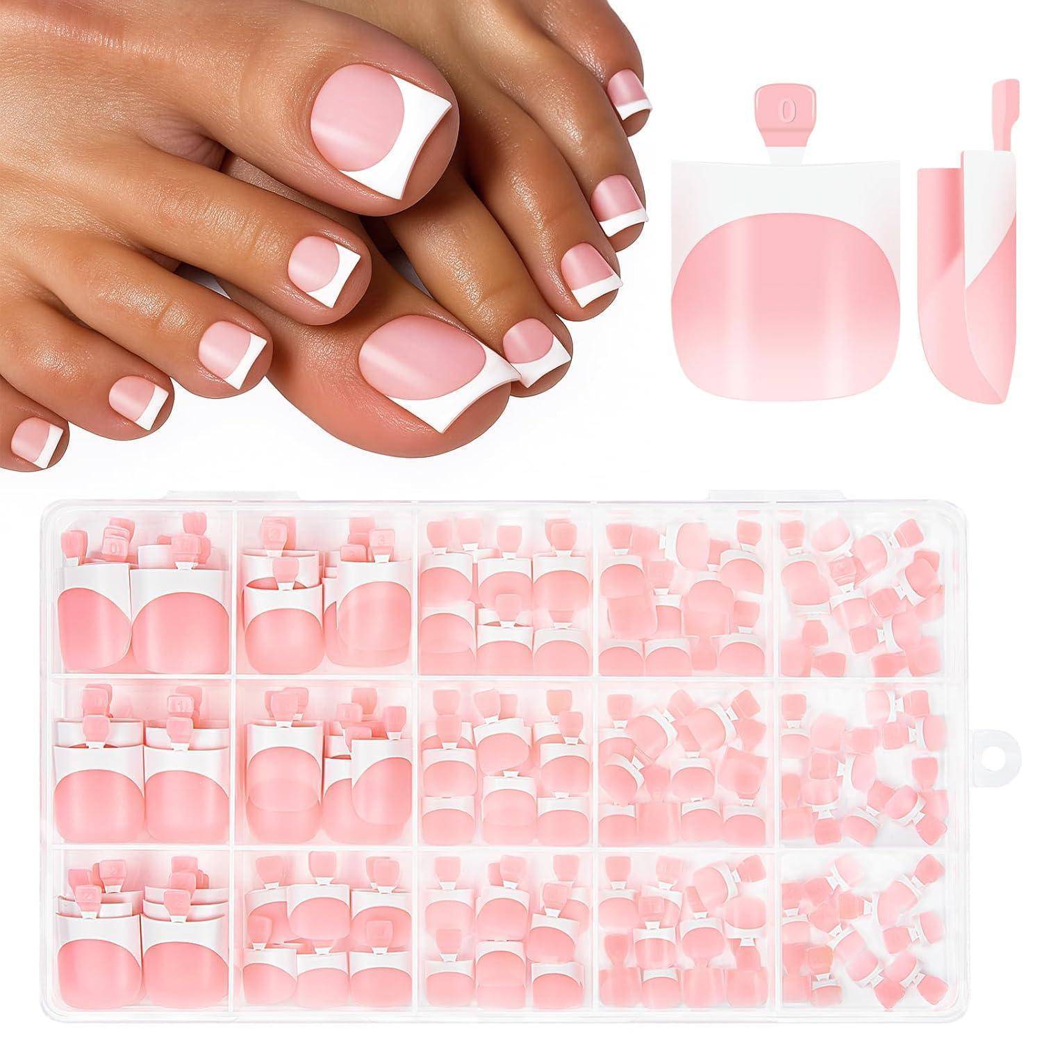 Fußnägel 150 Stück 15 Größen Press on French Quadrat Rosa