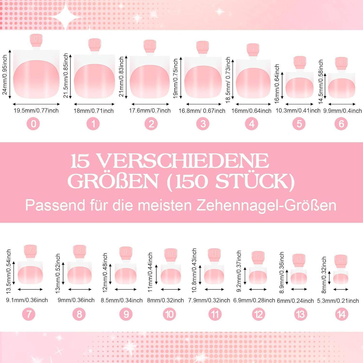 Fußnägel 150 Stück 15 Größen Press on French Quadrat Rosa