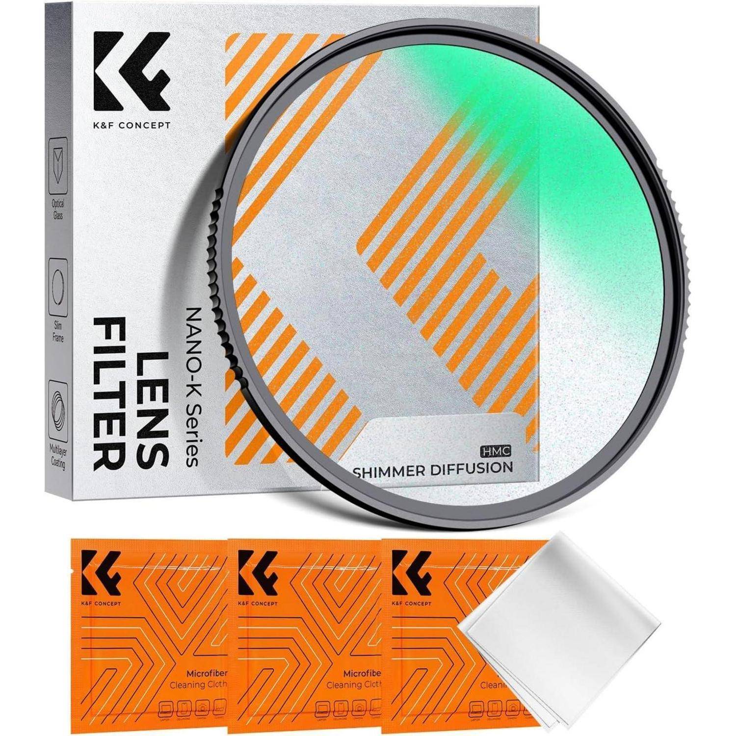 Objektiv-Filter in orange-gestreifter Verpackung mit der Aufschrift 'K&F Concept NANO-X Serie Shimmer Diffusion'. Enthält Reinigungstücher.